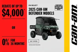 Read more about the article Rebate of up to $4,000 or 0% for 36 months on select 2025 Can-Am Defender models – Side x Side