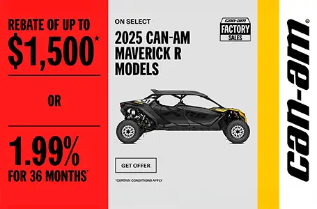 You are currently viewing Rebate of up to $1,500 or 1.99% for 36 months on select 2025 Can-Am Maverick R models – Side x Side