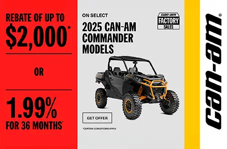 You are currently viewing Rebate of up to $2,000 or 1.99% for 36 months on select 2025 Can-Am Commander models – Side x Side