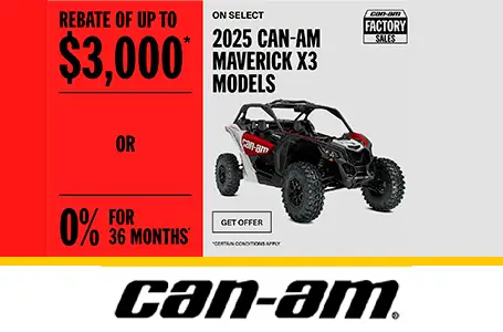 You are currently viewing Rebate of up to $3,000 or 0% for 36 months on select 2025 Can-Am Maverick X3 models – Side x Side